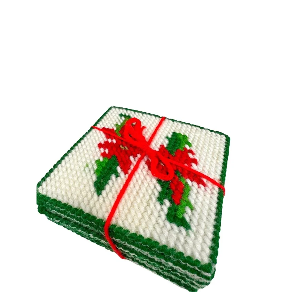 Vintage Needlepoint Christmas Coasters Set of‎ 8 Holly Poinsettia Handmade